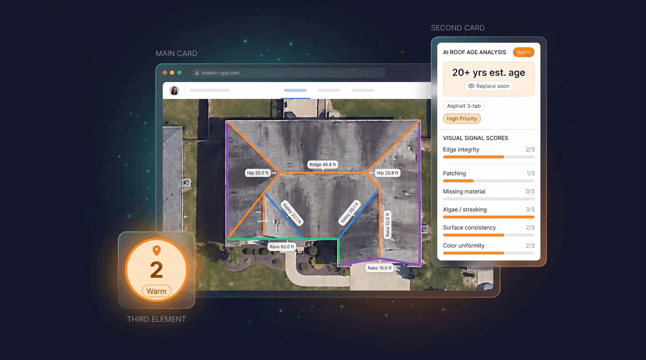 Kraken Ops takeoff with AI roof age analysis scoring an aging roof Warm, high priority.