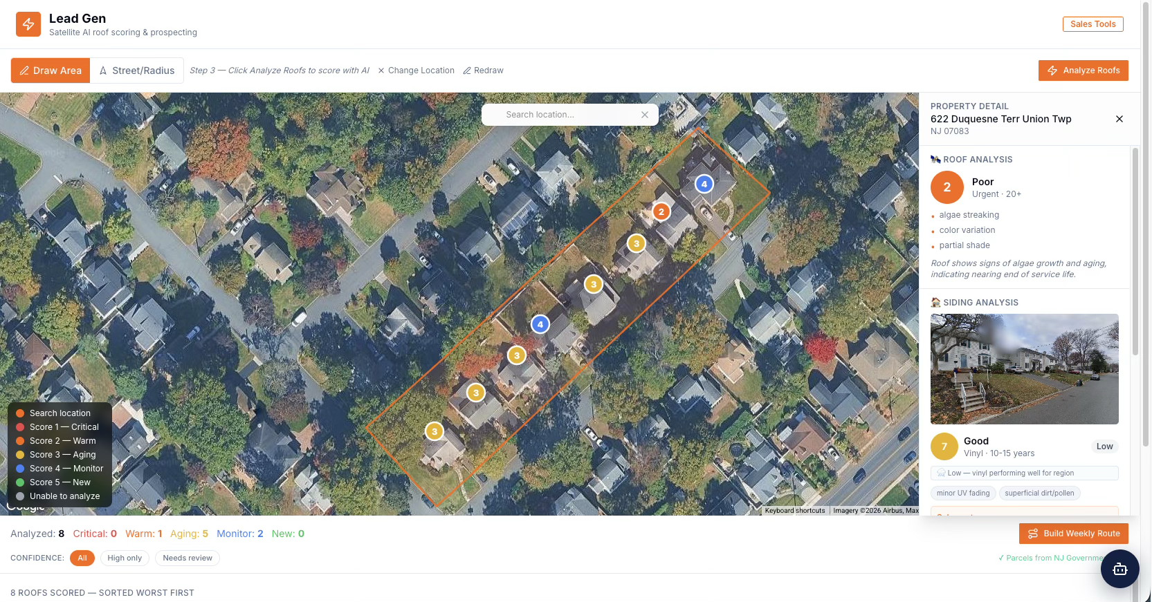 Kraken Ops AI Lead Gen showing satellite map view with scored roofs and property detail panel