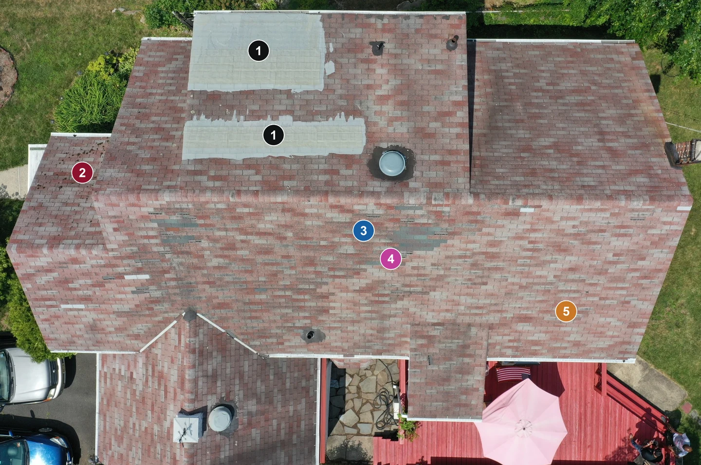 Original drone roof photo with numbered review annotations for repair patches, possible biological growth, granule loss, missing tabs, and surface weathering.